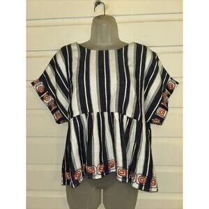 Anthropologie Maeve Linen Blend Short Sleeve Embroidered Top Size L